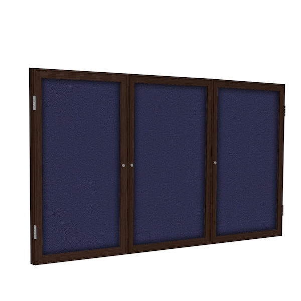 Enclosed Bulletin Board, 3 Door, Fabric, Walnut Frame, 3 ft H x 6 ft W, Blue